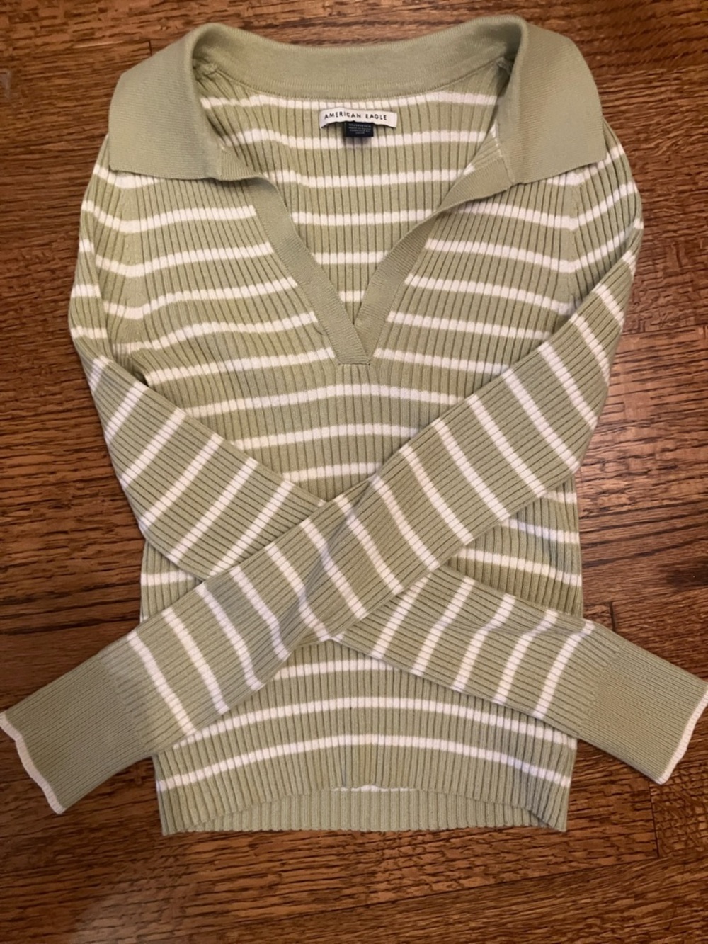 American Eagle Outfitters Light Sage and White Striped V-Neck Sweater